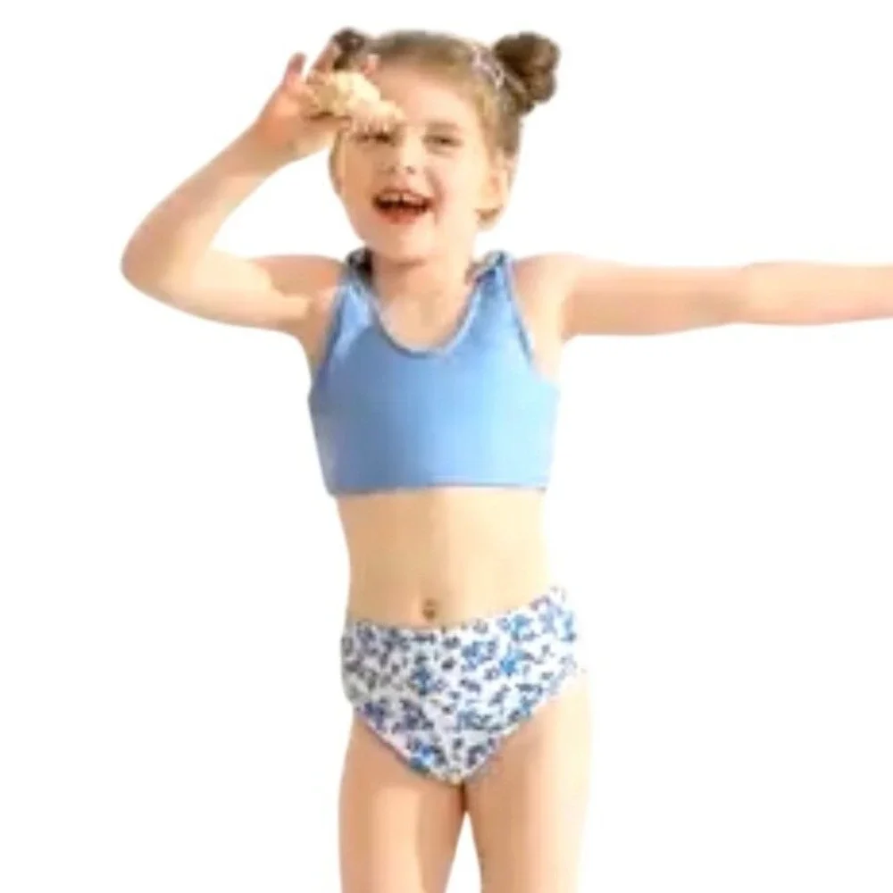 Girls Polyester Two Piece Swimsuit High Waisted Floral 11-12Y Blue
